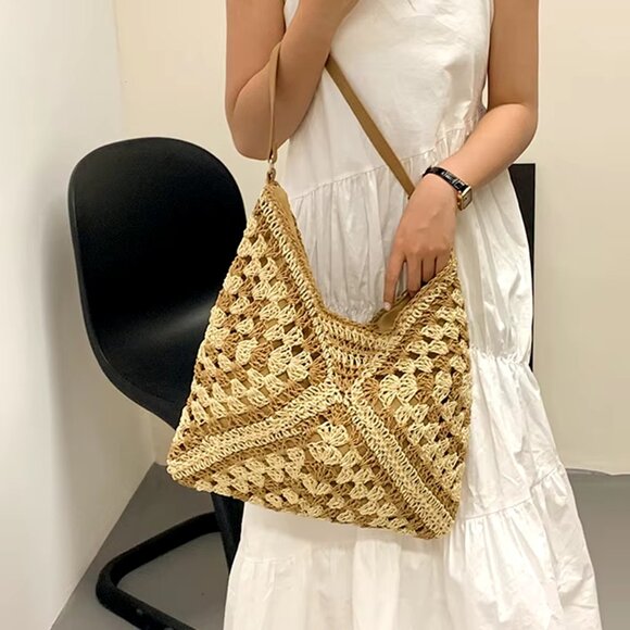 Glamor Theory Handbags - Resort Retreat Boho Charm Rattan Straw Woven Tote Summer Bag Purse Beige Cream